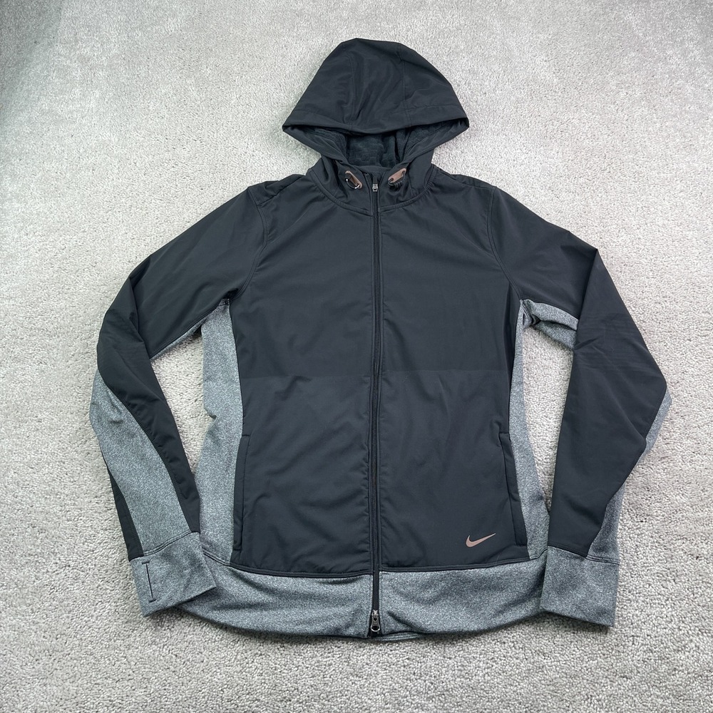 Nike Jacket Womens Medium Black Gray Sphere Running Fleece Lined Dri Fit